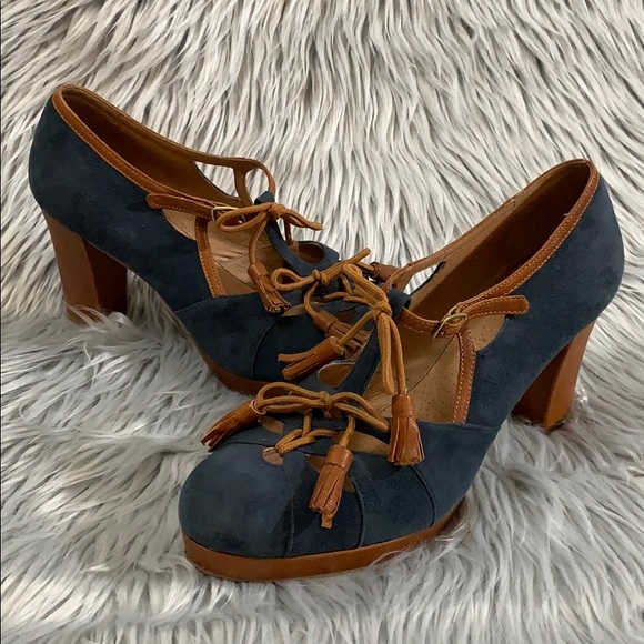 Miss Albright Shoes - Miss Albright t-strap blue suede retro heels